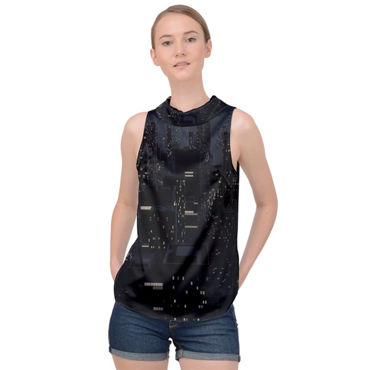 City Night Urban Downtown Science Tower Halo High Neck Satin Top