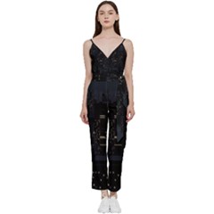 City Night Urban Downtown Science Tower Halo V-neck Spaghetti Strap Tie Front Jumpsuit