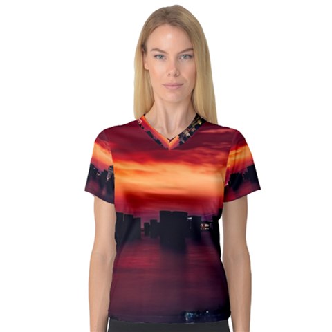 New York City Urban Skyline Harbor Bay Reflections V-neck Sport Mesh Tee by danenraven