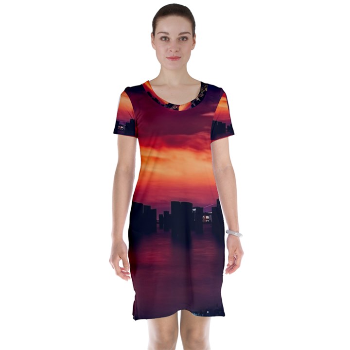 New York City Urban Skyline Harbor Bay Reflections Short Sleeve Nightdress