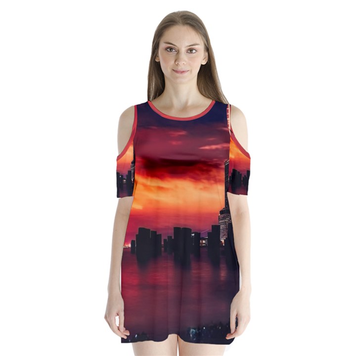 New York City Urban Skyline Harbor Bay Reflections Shoulder Cutout Velvet One Piece