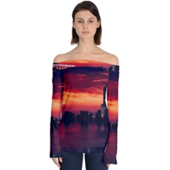 New York City Urban Skyline Harbor Bay Reflections Off Shoulder Long Sleeve Top by danenraven