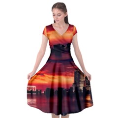 New York City Urban Skyline Harbor Bay Reflections Cap Sleeve Wrap Front Dress by danenraven