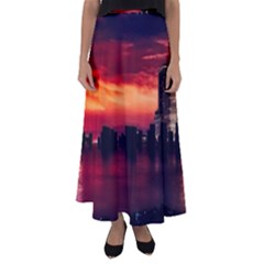 New York City Urban Skyline Harbor Bay Reflections Flared Maxi Skirt by danenraven