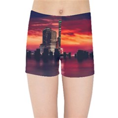 New York City Urban Skyline Harbor Bay Reflections Kids  Sports Shorts by danenraven