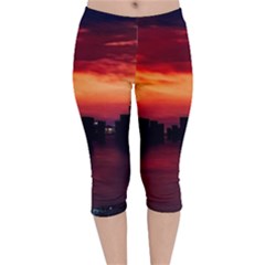 New York City Urban Skyline Harbor Bay Reflections Velvet Capri Leggings  by danenraven