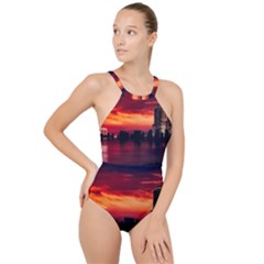 New York City Urban Skyline Harbor Bay Reflections High Neck One Piece Swimsuit by danenraven