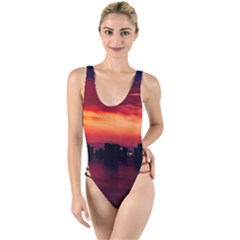 New York City Urban Skyline Harbor Bay Reflections High Leg Strappy Swimsuit by danenraven