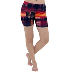 New York City Urban Skyline Harbor Bay Reflections Lightweight Velour Yoga Shorts by danenraven