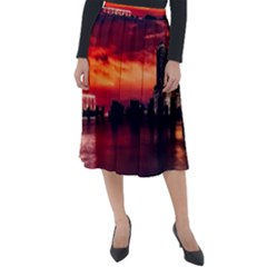 New York City Urban Skyline Harbor Bay Reflections Classic Velour Midi Skirt  by danenraven