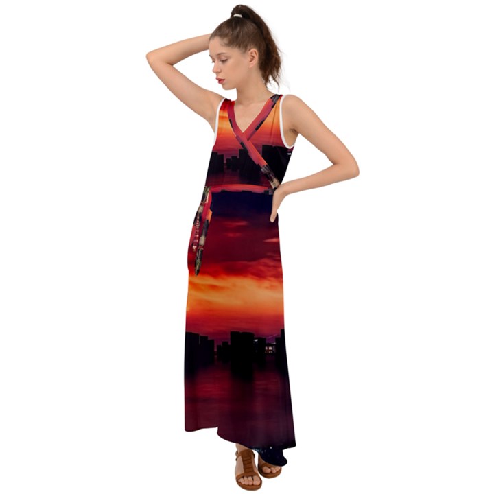 New York City Urban Skyline Harbor Bay Reflections V-Neck Chiffon Maxi Dress