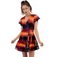 New York City Urban Skyline Harbor Bay Reflections Flutter Sleeve Wrap Dress by danenraven