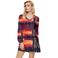 New York City Urban Skyline Harbor Bay Reflections Tiered Long Sleeve Mini Dress by danenraven