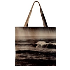 Sea Ocean Waves Sunset Sunrise Rough Seas Nature Black White Zipper Grocery Tote Bag by danenraven