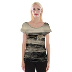 Sea Ocean Waves Sunset Sunrise Rough Seas Nature Black White Cap Sleeve Top by danenraven