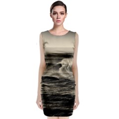 Sea Ocean Waves Sunset Sunrise Rough Seas Nature Black White Sleeveless Velvet Midi Dress by danenraven