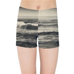 Sea Ocean Waves Sunset Sunrise Rough Seas Nature Black White Kids  Sports Shorts by danenraven