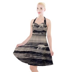 Sea Ocean Waves Sunset Sunrise Rough Seas Nature Black White Halter Party Swing Dress  by danenraven