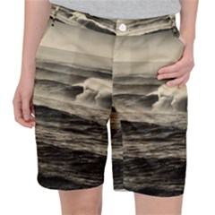 Sea Ocean Waves Sunset Sunrise Rough Seas Nature Black White Pocket Shorts by danenraven