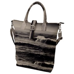 Sea Ocean Waves Sunset Sunrise Rough Seas Nature Black White Buckle Top Tote Bag by danenraven