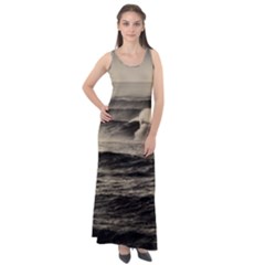 Sea Ocean Waves Sunset Sunrise Rough Seas Nature Black White Sleeveless Velour Maxi Dress by danenraven