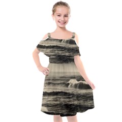 Sea Ocean Waves Sunset Sunrise Rough Seas Nature Black White Kids  Cut Out Shoulders Chiffon Dress by danenraven