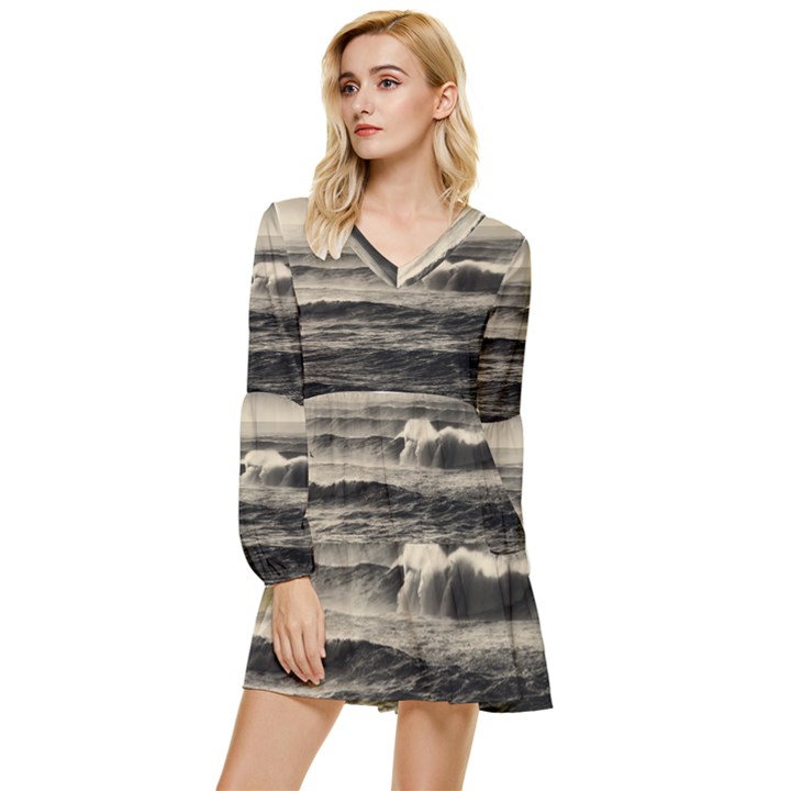 Sea Ocean Waves Sunset Sunrise Rough Seas Nature Black White Tiered Long Sleeve Mini Dress