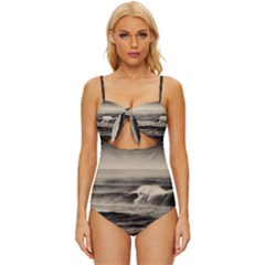 Sea Ocean Waves Sunset Sunrise Rough Seas Nature Black White Knot Front One-piece Swimsuit by danenraven