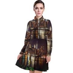 New York City Panorama Urban Hudson River Water Long Sleeve Chiffon Shirt Dress by danenraven