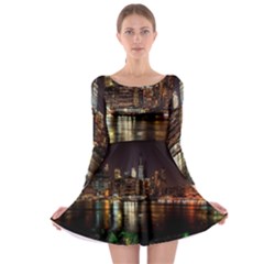 New York City Panorama Urban Hudson River Water Long Sleeve Skater Dress by danenraven