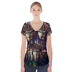 New York City Panorama Urban Hudson River Water Short Sleeve Front Detail Top by danenraven