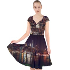 New York City Panorama Urban Hudson River Water Cap Sleeve Front Wrap Midi Dress by danenraven