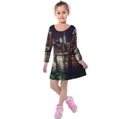 New York City Panorama Urban Hudson River Water Kids  Long Sleeve Velvet Dress by danenraven