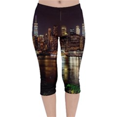 New York City Panorama Urban Hudson River Water Velvet Capri Leggings  by danenraven