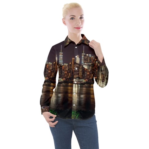 New York City Panorama Urban Hudson River Water Women s Long Sleeve Pocket Shirt by danenraven