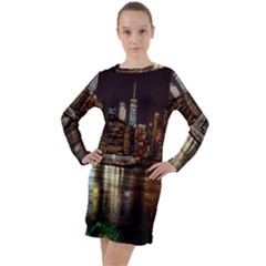 New York City Panorama Urban Hudson River Water Long Sleeve Hoodie Dress by danenraven