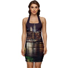 New York City Panorama Urban Hudson River Water Sleeveless Wide Square Neckline Ruched Bodycon Dress by danenraven