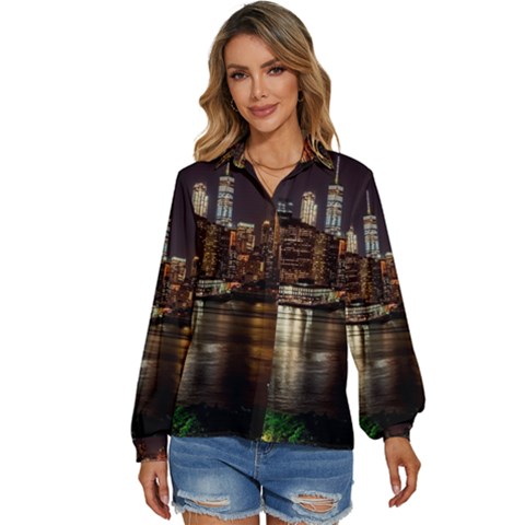 New York City Panorama Urban Hudson River Water Women s Long Sleeve Button Down Shirt by danenraven