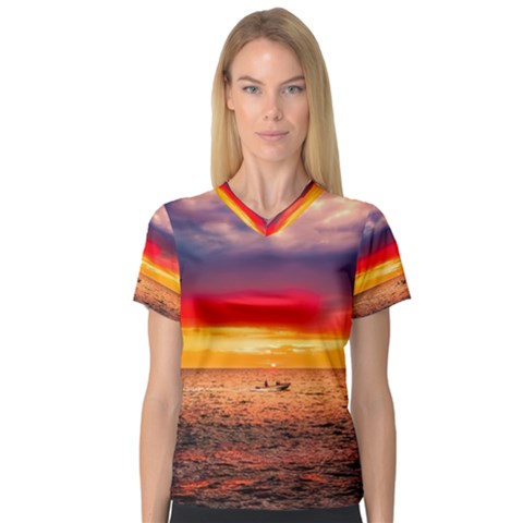 Denmark Sunset Dusk Sky Clouds Sea Ocean Water V-neck Sport Mesh Tee by danenraven