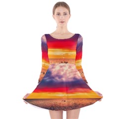 Denmark Sunset Dusk Sky Clouds Sea Ocean Water Long Sleeve Velvet Skater Dress by danenraven