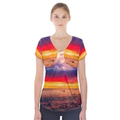 Denmark Sunset Dusk Sky Clouds Sea Ocean Water Short Sleeve Front Detail Top by danenraven