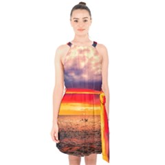 Denmark Sunset Dusk Sky Clouds Sea Ocean Water Halter Collar Waist Tie Chiffon Dress by danenraven