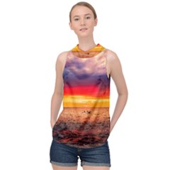 Denmark Sunset Dusk Sky Clouds Sea Ocean Water High Neck Satin Top by danenraven