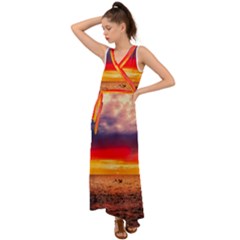 Denmark Sunset Dusk Sky Clouds Sea Ocean Water V-neck Chiffon Maxi Dress by danenraven