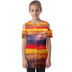 Denmark Sunset Dusk Sky Clouds Sea Ocean Water Fold Over Open Sleeve Top