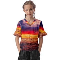 Denmark Sunset Dusk Sky Clouds Sea Ocean Water Kids  V-neck Horn Sleeve Blouse