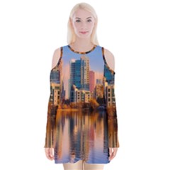 Vancouver Canada Sea Ocean Reflections Skyline Velvet Long Sleeve Shoulder Cutout Dress by danenraven