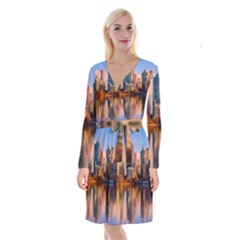 Vancouver Canada Sea Ocean Reflections Skyline Long Sleeve Velvet Front Wrap Dress by danenraven