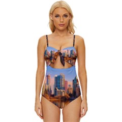 Vancouver Canada Sea Ocean Reflections Skyline Knot Front One-piece Swimsuit by danenraven