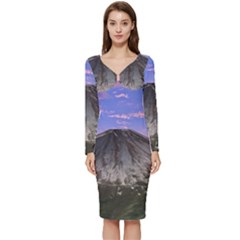 Mount Mountain Fuji Japan Volcano Mountains Long Sleeve V-neck Bodycon Dress  by danenraven